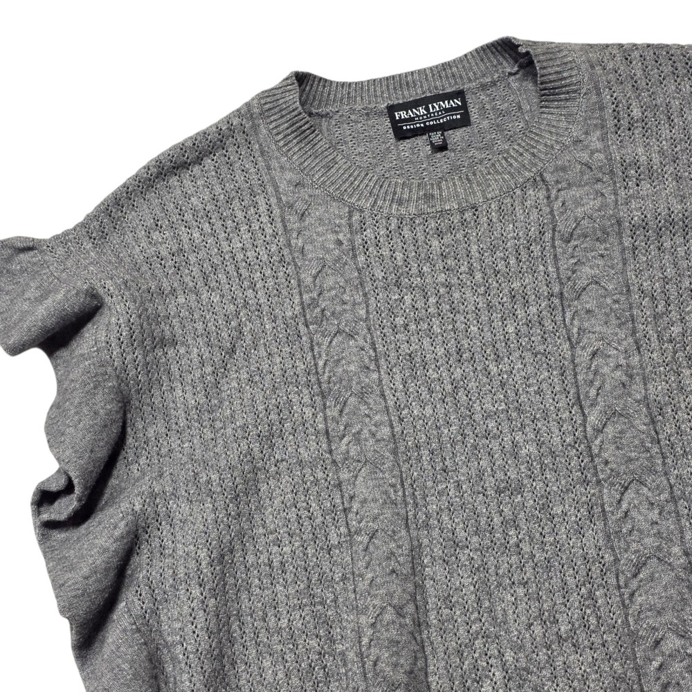 Frank Lyman Sweater Womens M‎ Gray Ruffle Sleeve Cable Knit Pointelle Pullover